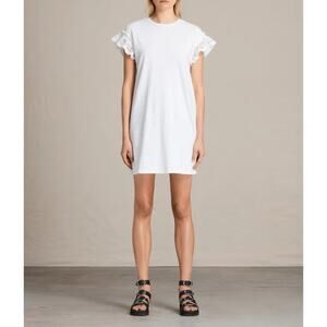 AllSaints White Cotton Trixi Ruffle Sleeve T-Shirt Dress Size Medium